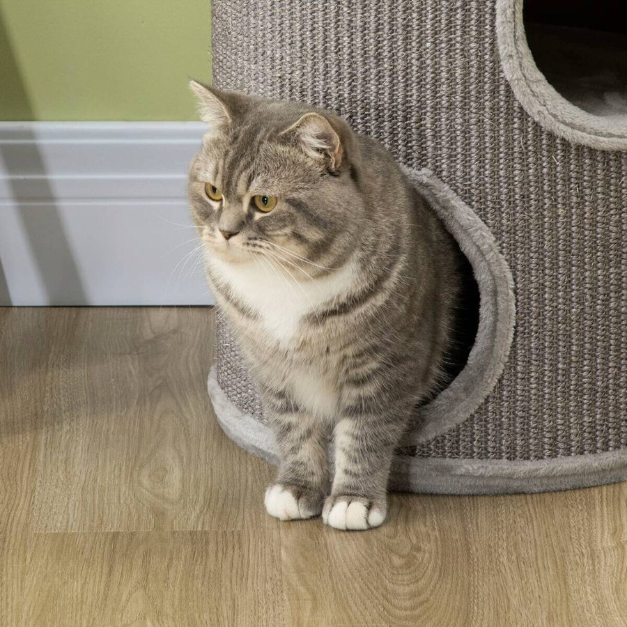 PawHut Kratztonne für Katzen mit 3 Höhlen aus Sisal und Plüsch, Grau, B/T/H: 38 x 38 x 70 cm - Bild 5