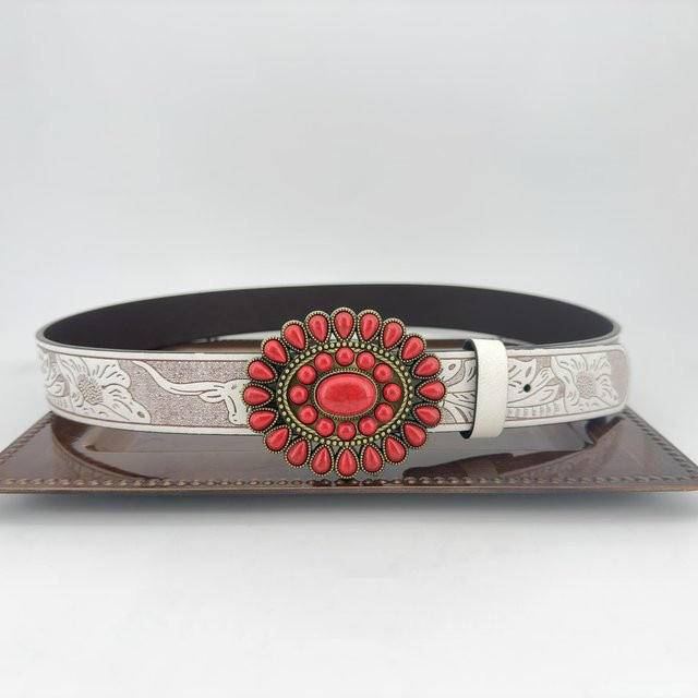 Gürtel Westböhmischer Inlay-Türkis, Zinklegierung, PU-Leder, rot, Unisex - Bild 1