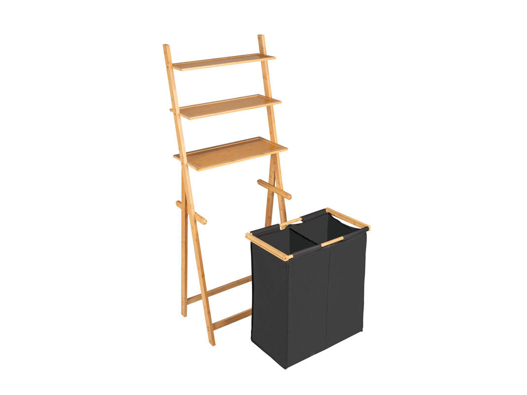 WENKO Leiterregal Ecori mit Wäschesammler aus Bambus und MDF, Schwarz-Braun, H x B x T: 152 x 35 x 57,5 cm - Bild 3