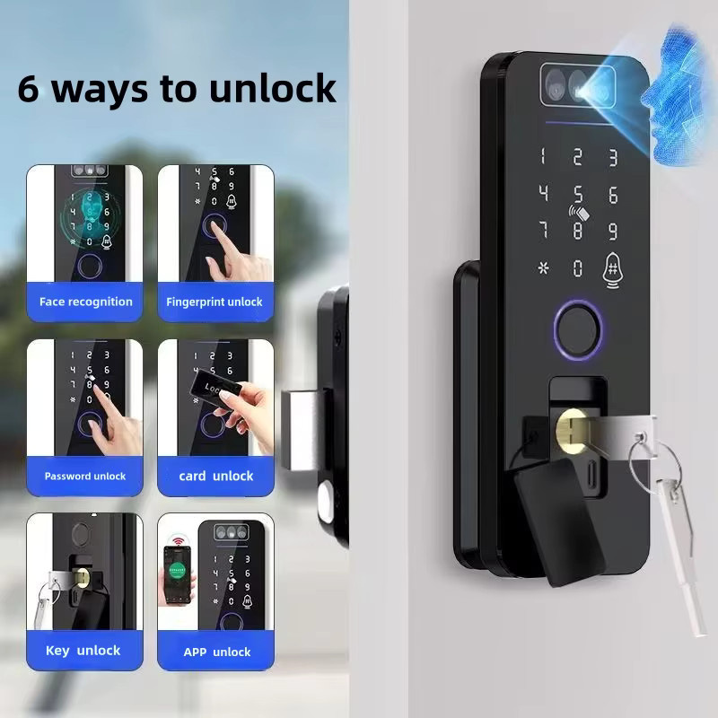 Tuya WiFi Smart Türschloss mit 3D Gesichtserkennung und Fingerabdruck, wasserdichtes schlüsselloses Torschloss mit wiederaufladbarem Akku und App-Steuerung, Schwarz - Bild 2