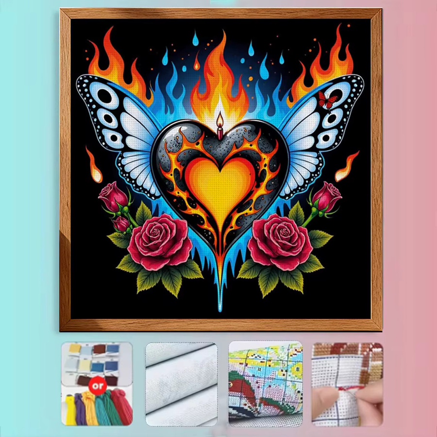 Rose & Flame Herz-Kreuzstich-Set mit floralem Motiv, 11CT-Stickerei in Multicolour, B/H: 36 x 36 cm - Bild 3