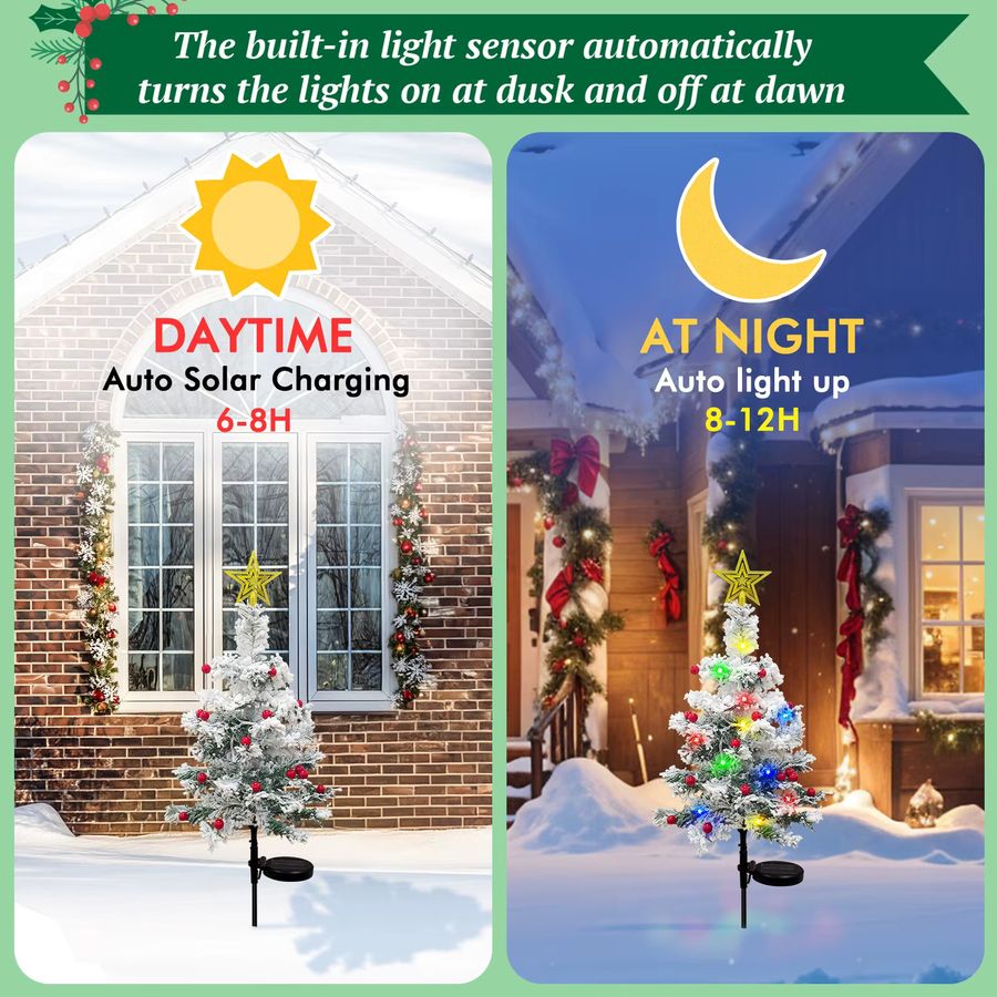 OurWarm 2 Stück Solar-Weihnachtsbaum für den Außenbereich, 29 Zoll beflockter Mini-Weihnachtsbaum mit 40 LEDs - Bild 2