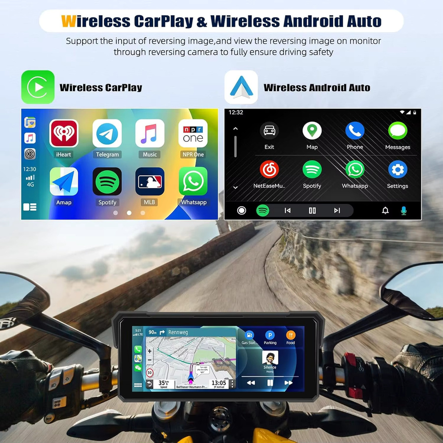 Jansite Motorrad-GPS-Navigationsgerät mit 8,1 Zoll IPS-Bildschirm, kabelloses CarPlay und Android Auto, wasserdicht nach IPX7, digitales Moto-Armaturenbrett mit TPMS, Schwarz - Bild 3