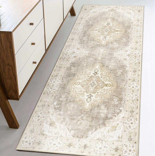 Vikama Area Runner Teppich im Boho-Design, maschinenwaschbar und rutschfest, rechteckig, Farben: Pink und Beige - Bild 1