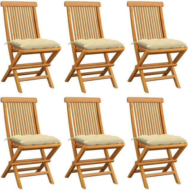 6er Set vidaXL Gartenstühle aus Teak-Massivholz mit cremeweißen Polsterkissen - Bild 1