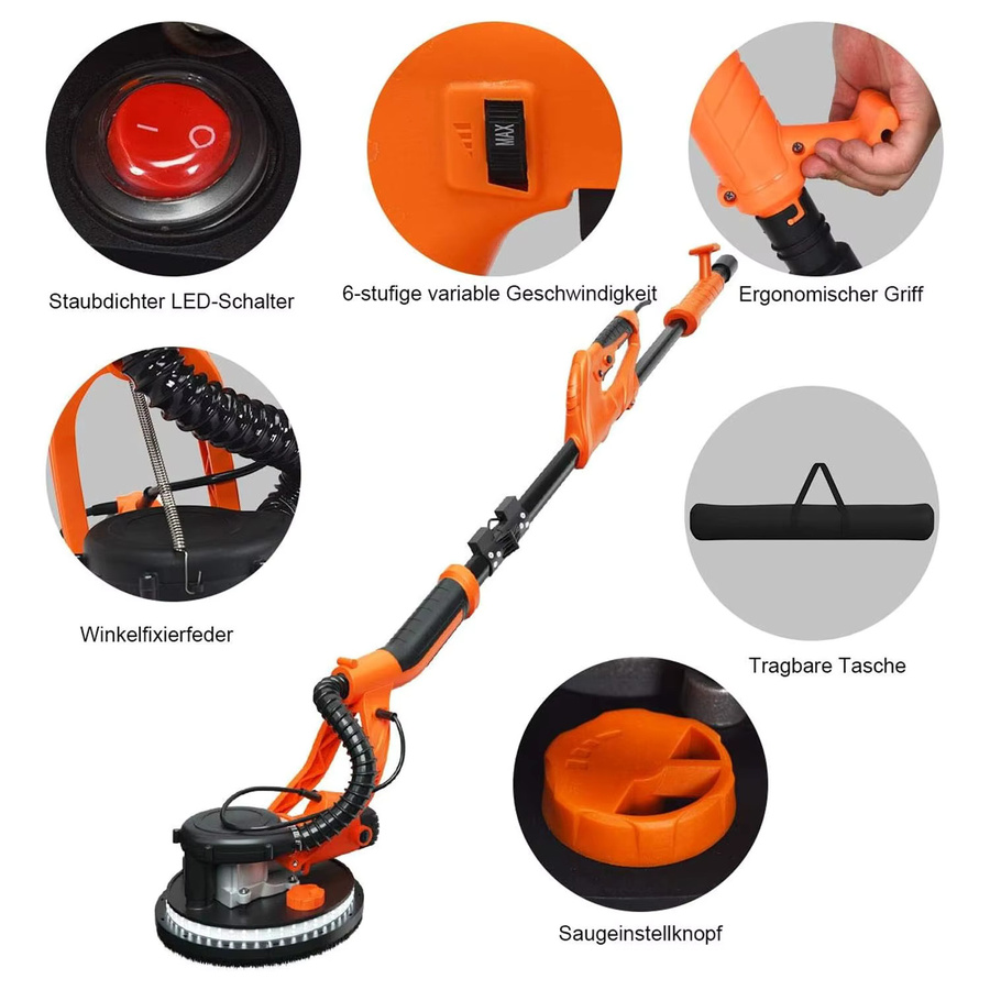 GOFLAME Trockenbauschleifer mit Staubsammelsystem in Schwarz-Orange, 750 W, 800-1750 U/min, Durchmesser: 225 mm - Bild 4