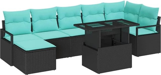 vidaXL Garten-Sofa-Set 8-teilig aus Poly-Rattan in Schwarz und Blau mit Kissen und Tisch - Bild 1