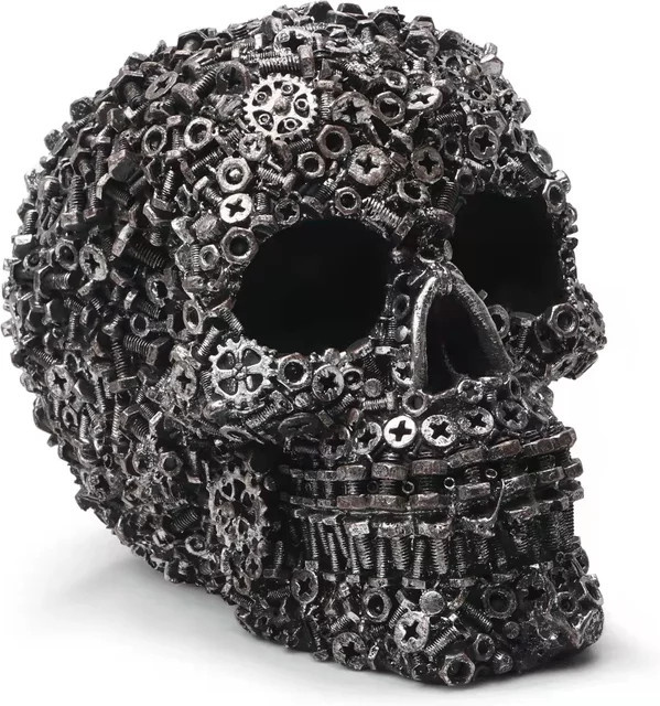 MINIDEAL Steampunk Schädel-Skulptur aus Harz in Grau mit Zahnrad- und Schrauben-Design als dekorative Wohnkultur-Statue - Bild 1