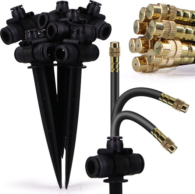 Biegbare 360 Grad Nebeldüse mit Erdspieß für Gartenbewässerung und Kühlung, schwarzer Sprinkler-Zerstäuber mit 3/8 Zoll Anschluss - Bild 1