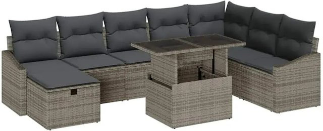vidaXL Garten-Sofa-Set aus Poly-Rattan in Grau, 9-teilig und höhenverstellbar - Bild 1