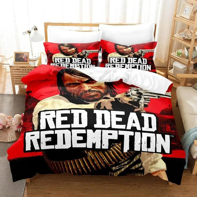 Red Dead Redemption 2 3D-Druck Bettwäsche-Set aus Mikrofaser mit Bettbezug und Kissenbezügen, Farbe: Rot, B/H: 180 x 210 cm - Bild 1
