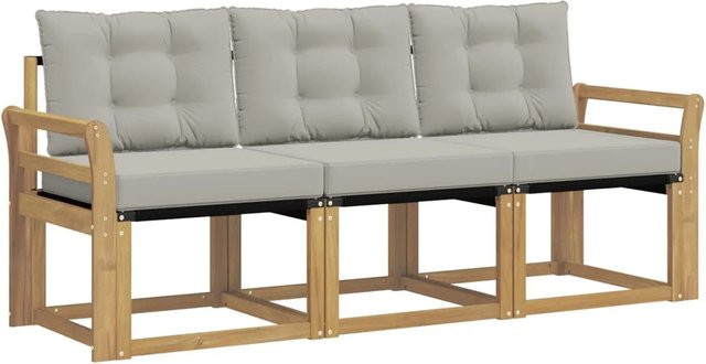 vidaXL Outdoor-Sofagarnitur 3-teilig aus Akazienholz mit Textilene und Kissen in Weiß-Hellgrau - Bild 1