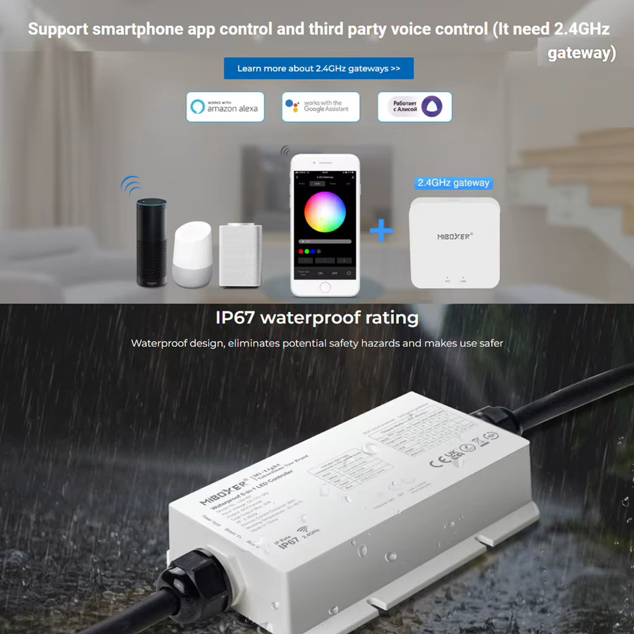 MiBoxer LS2 Smart LED Outdoor Controller 2,4 GHz RF 5in1 Wasserdichter Controller für Einzelfarbe, CCT, RGB, RGBW und RGB+CCT LED-Streifen (DC12V-48V) - Bild 2