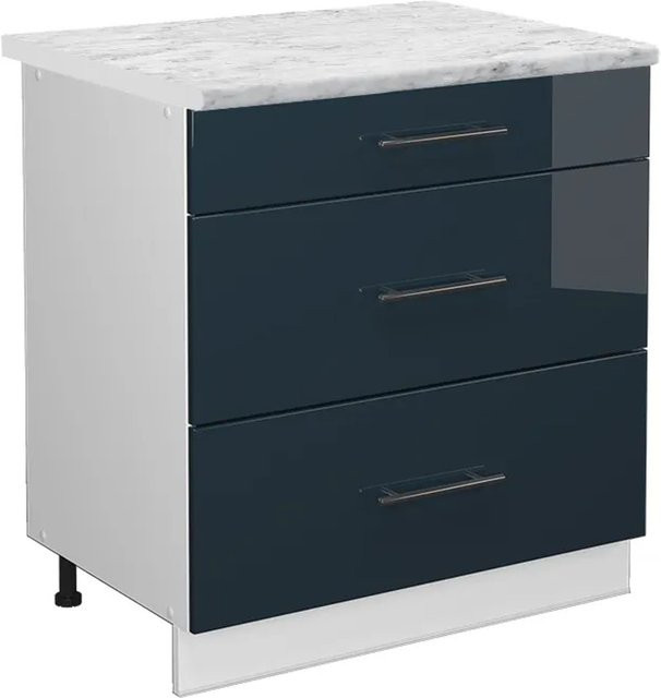 Vicco Küchenschrank Fame-Line Schubladenunterschrank in Dunkelblau und Weiß Hochglanz mit Arbeitsplatte in Marmor-Optik, Breite: 80 cm - Bild 1