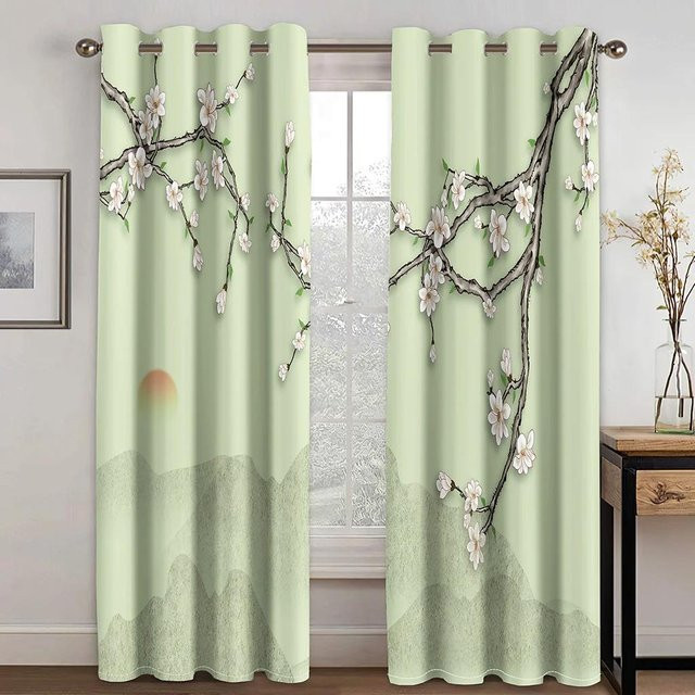 Yiran Furniture Vorhang mit chinesischem Blumen- und Vogelzweig-Druck, 2 Paneele, semi-transparent, Polyester, Breite: 140 cm, Höhe: 160 cm - Bild 1