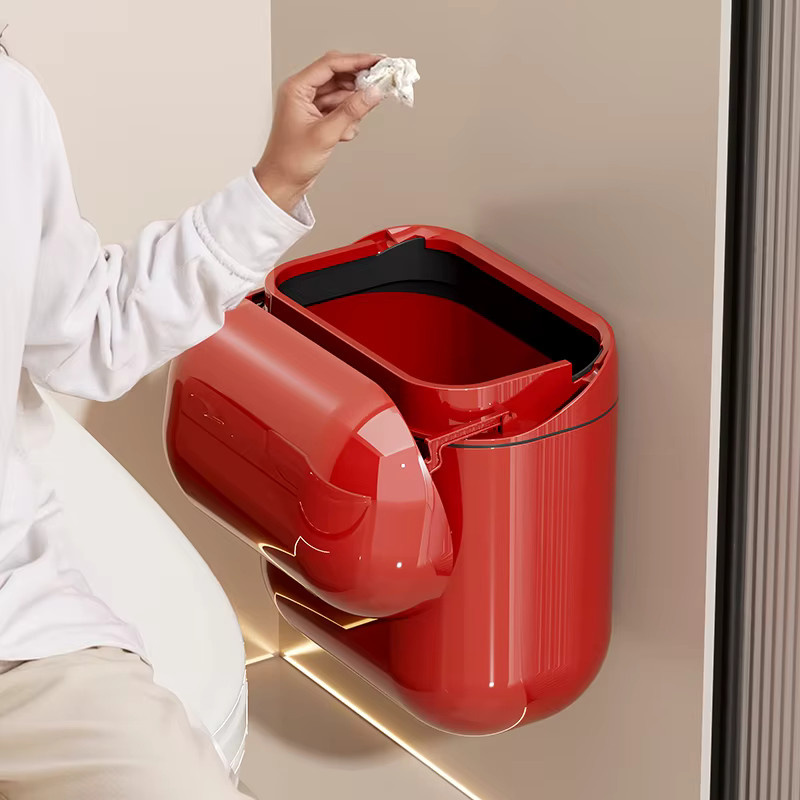 UFORU Wandmontierter Mülleimer mit Klappdeckel für Bad und Küche, Rot, Kunststoff - Bild 4