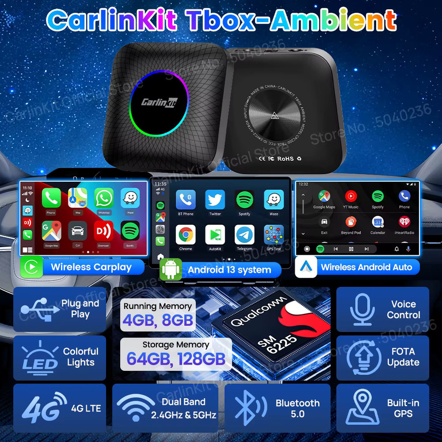 CarlinKit 3 In 1 Android 13 TV Box mit Qualcomm 8-Core, 4G LTE, GPS und Netflix, Drahtloser CarPlay und Android Auto Adapter in Schwarz - Bild 3