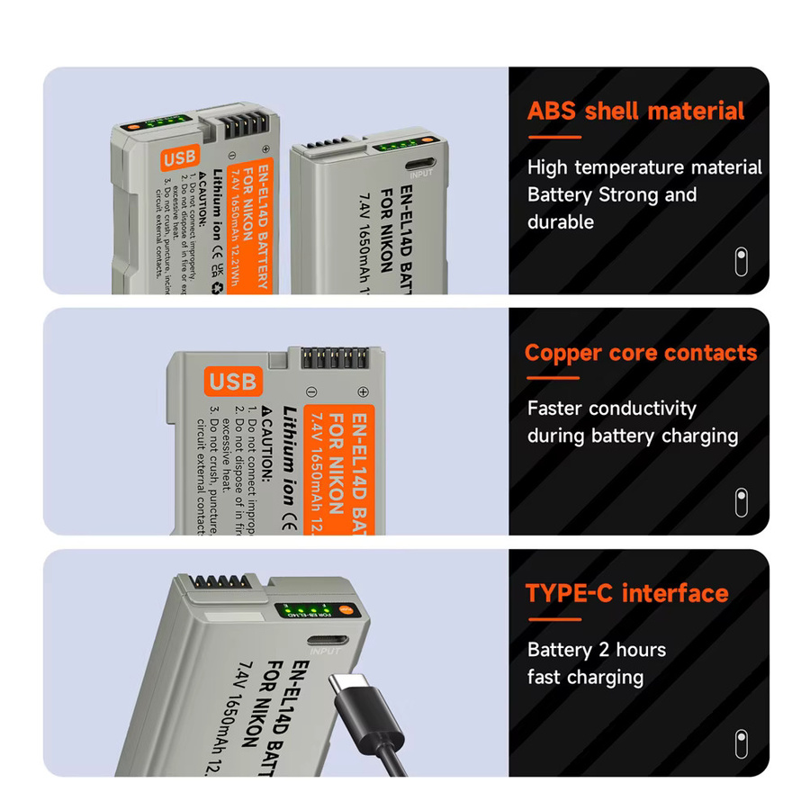 PALO USB Kamera Batterie EN-EL14 EN-EL14a mit 1650 mAh für Nikon P7000 P7700 P7800 D3100 D3400 D3500 D5100 D5300 D5600 in Grau - Bild 6