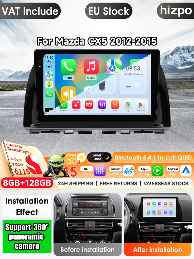 Hizpo 7862 Android 14 Auto-Multimedia-Player für Mazda CX5 CX-5 2012-2015 mit 10,1 Zoll Display, GPS Navigation, Bluetooth und AI Sprachsteuerung in Schwarz - Bild 1