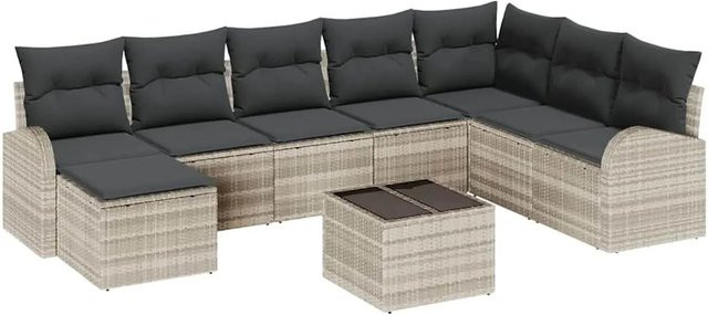 vidaXL Garten-Sofa-Set aus Poly Rattan mit Kissen, 9-teilig, Hellgrau - Bild 1