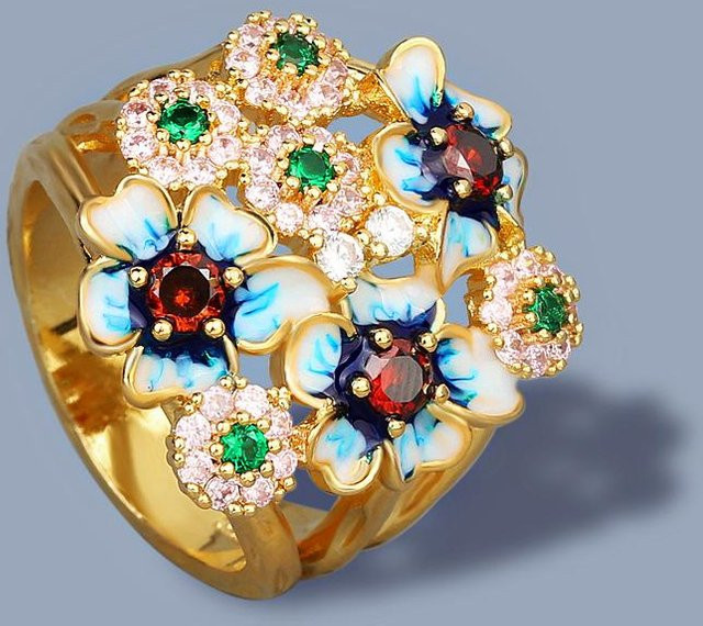 YIRAN Damenring, Messing, Emaille-Blumen, bunte Zirkonia, beige, Ringgröße 8 - Bild 1