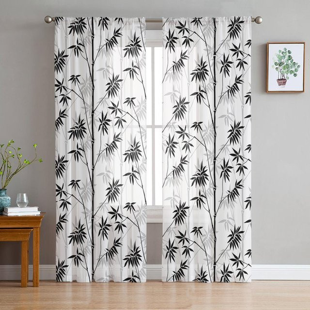 Transparente Bambus Vorhänge in Schwarz und Weiß mit floralem Design aus Polyester, Breite: 135 cm, Höhe: 115 cm - Bild 1
