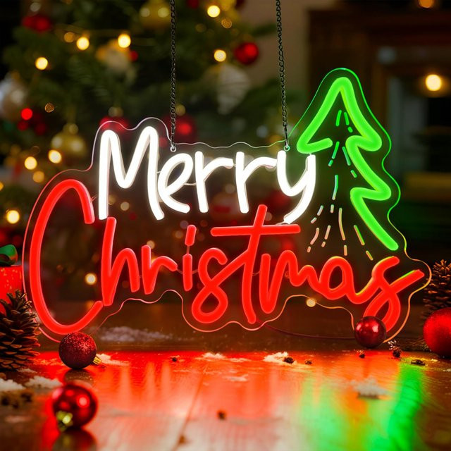 Dimmbares LED-Neonschild Frohe Weihnachten mit Baumschnitzerei in Multicolour, USB-betriebbare Wanddekoration für dein Zuhause - Bild 1