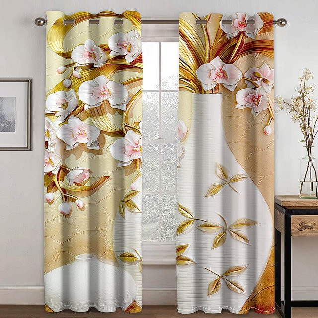 3D Rosen Vorhänge mit floralem Design in Rot, Gold und Blau, 2 Paneele, halbtransparent, B/H: 50 x 160 cm pro Paneel - Bild 1
