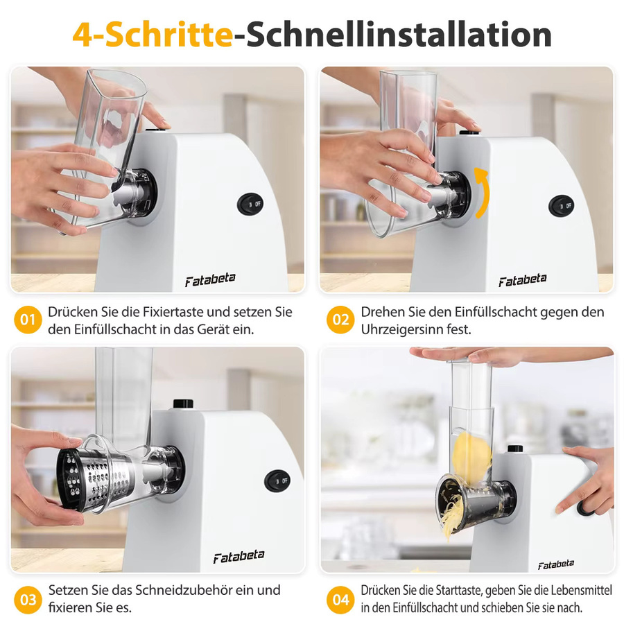 Fatabeta 5-in-1 Elektrischer Gemüseschneider in Weiß, 250W Küchenhelfer zum Hacken, Schneiden und Raspeln mit 4 Klingen für Zwiebeln, Karotten, Käse und Nüsse, BPA-frei - Bild 4