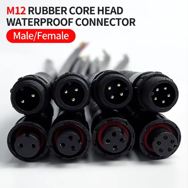 M12 IP67 Kabelstecker Set für LED-Streifen mit 2 3 4 oder 5 Pin, wasserdichter Verbinder Männlich und Weiblich, Schwarz, Länge: 20 cm - Bild 1