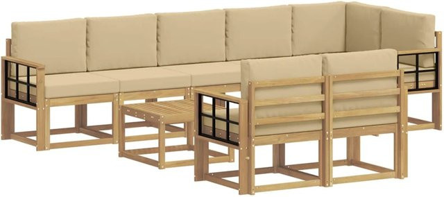 vidaXL Outdoor-Sofagarnitur 9-teilig aus Akazienholz mit Kissen in Weiß und Beige - Bild 1
