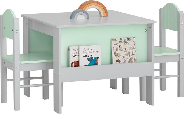 SoBuy Kindertisch mit 2 Stühlen KMB88-HG Kindersitzgruppe zum Malen in Hellgrau, B/T/H: 60 x 48 x 25 cm - Bild 1