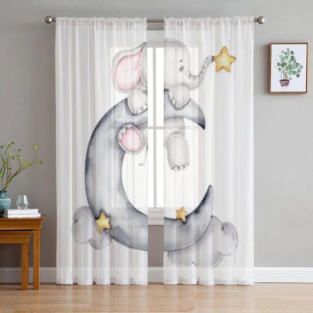 Transparente Tüllvorhänge mit Cartoon Elefant, Stern und Mond für Wohnzimmer und Schlafzimmer, 2er-Set, Farbe: Transparent/Weiß, Breite: 65 cm, Höhe: 60 cm - Bild 1
