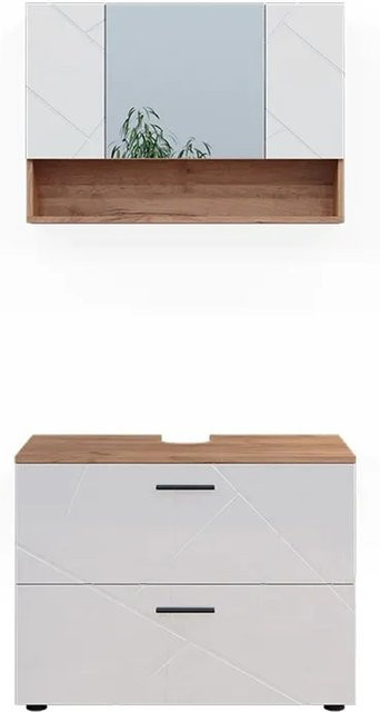 Vicco Badmöbel-Set Irma in Eiche und Weiß Hochglanz, bestehend aus Unterschrank und Spiegelschrank, modern und freistehend - Bild 1