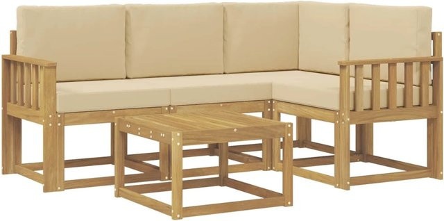 vidaXL Outdoor-Sofagarnitur aus Akazienholz in L-Form mit Kissen und Couchtisch, 5-teiliges Gartenmöbel-Set in Weiß und Beige - Bild 1