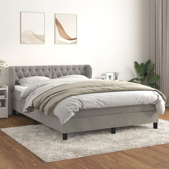 vidaXL Boxspringbett mit Matratze Hybrid-Design in Hellgrau Samt, B/T: 140 x 190 cm - Bild 2