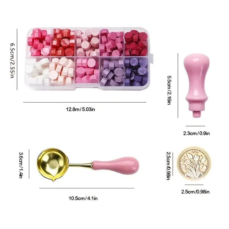 QWELL Siegelwachs Set mit Tulpen-Stempelkopf aus Messing und 200 Wachsperlen in Pink und Multicolour inklusive Holzgriff und Wachsschaber - Bild 2