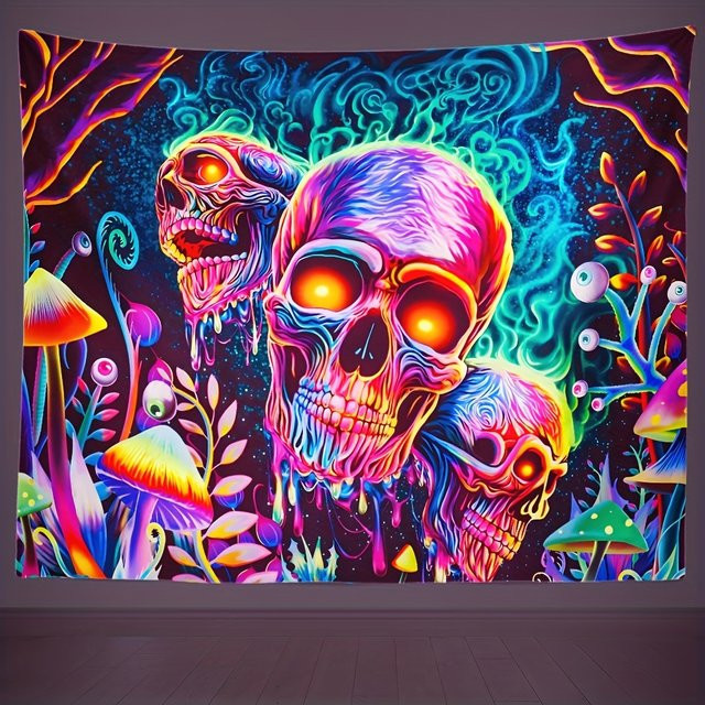 VIKAMA Wandteppich mit psychedelischem Totenkopf, bunten Pilzen und floralen Mustern, Mehrfarbig, B/H: 60 x 40 cm - Bild 1