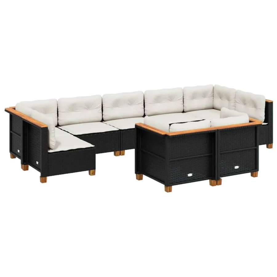 vidaXL 9-tlg Garten-Sofagarnitur in L-Form aus Polyrattan und Akazienholz mit Kissen, Schwarz - Bild 2