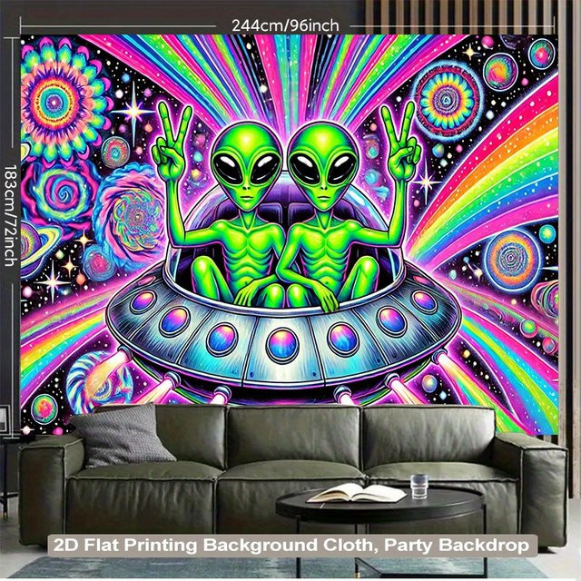VIKAMA Alien UFO Wandteppich mit psychedelischem Regenbogen-Design in Multicolour als dekorativer Party-Hintergrund und Wandakzent für dein Wohnzimmer - Bild 1