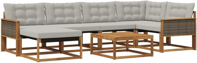 vidaXL Outdoor-Sofagarnitur L-Form aus Massivholz Akazie mit 7 Textilene-Kissen in Grau und Natur - Bild 1