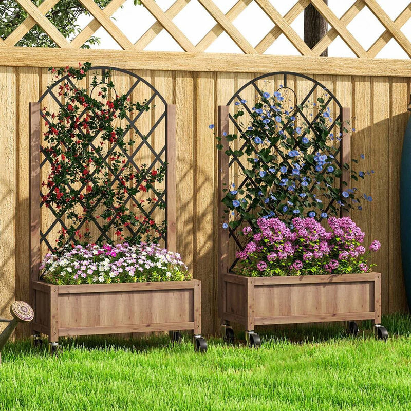 Outsunny 2er Set Hochbeet aus Holz mit Rollen und Rankgitter in Braun, B/H/L: 52 x 25 x 97 cm - Bild 5