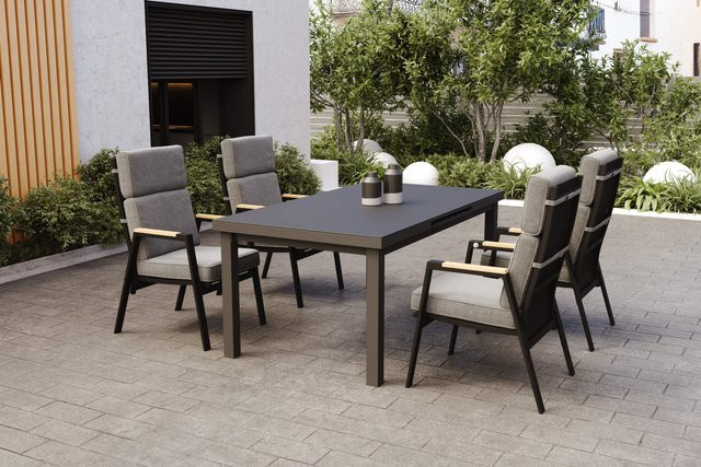 OUTFLEXX Korba Garten-Essgruppe aus Alu und Teak in Anthrazit Matt mit ausziehbarem Tisch und 4 Sesseln inklusive Polstern, Tisch B: 180 bis 240 cm, B: 100 cm - Bild 1