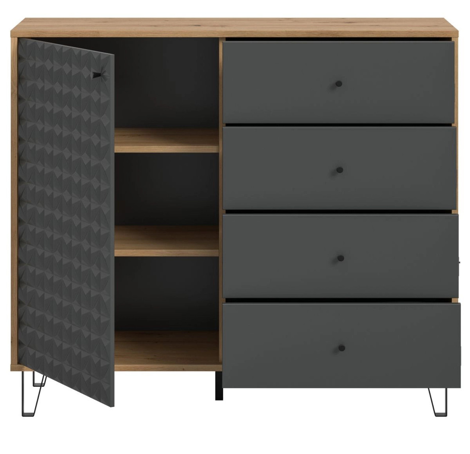 Kommode Relief in Grau und Eiche, Breite: 110 cm - Bild 3