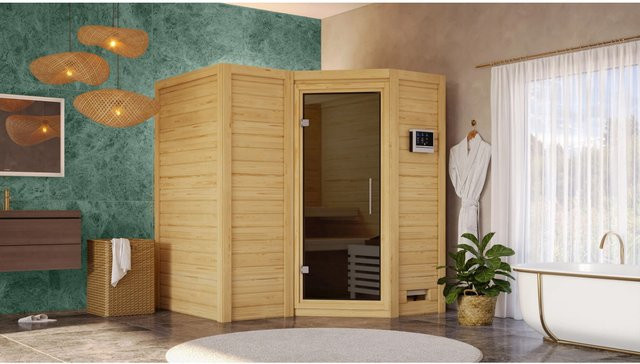 Karibu Massivholzsauna SAHIB 1 aus Fichte in Naturoptik mit graphitfarbener Ganzglastür B/T/H: 193 x 184 x 212 cm - Bild 1