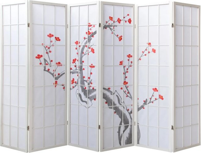 Homestyle4u 6-tlg. Paravent in Weiß mit Kirschblüten-Motiv aus Holz und Reispapier, H x B x T: 179 x 264 x 340 cm - Bild 1