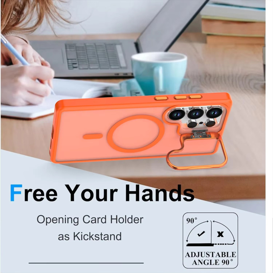 MagSafe Magnetische Metall-Objektivschutz Hülle mit Standhalterung für Samsung S22, S23 Plus, S24 FE und S25 Edge in Blau und Orange - Bild 2