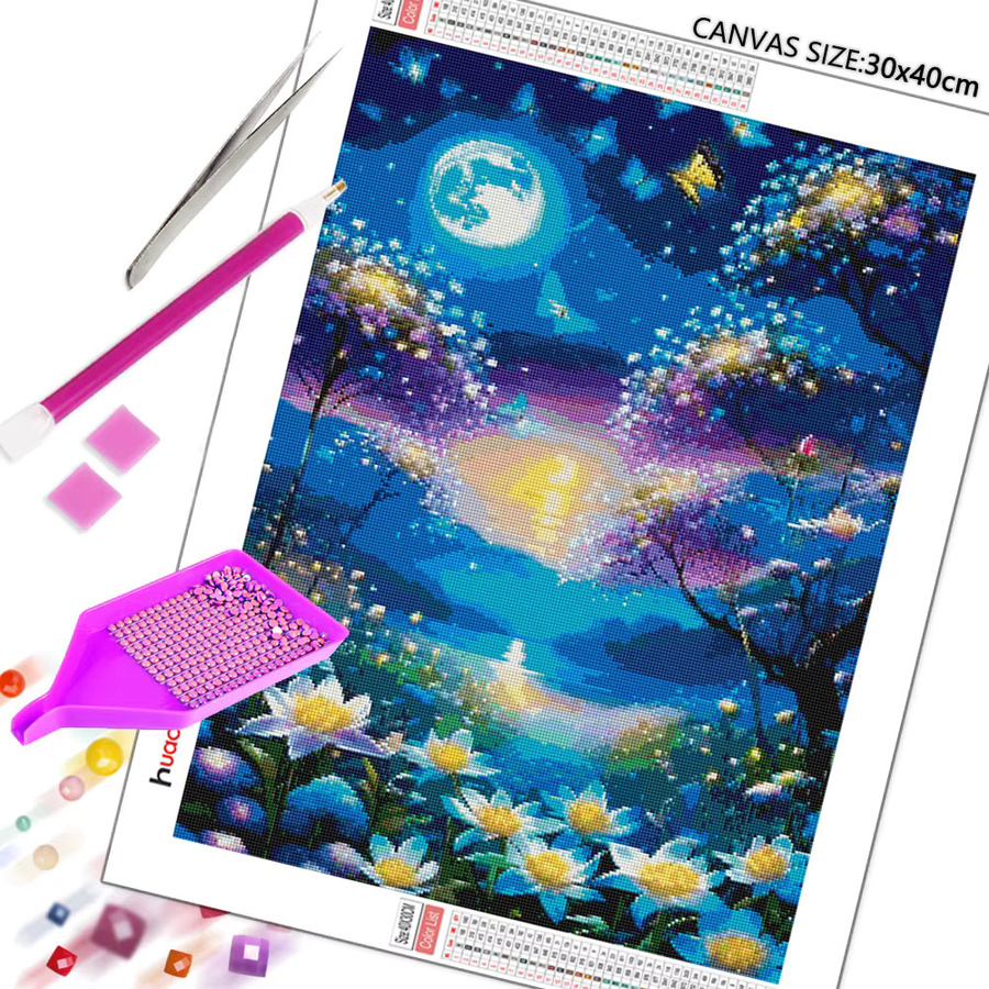 Huacan Diamantgemälde Landschaft mit Mond, Fluss und Blumen in Mehrfarbig, B/H: 30 x 20 cm - Bild 2