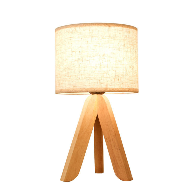 LED Holz Nachttischlampe im Stativ-Design mit weißem Leinenlampenschirm in Beige, E27 Fassung - Bild 2
