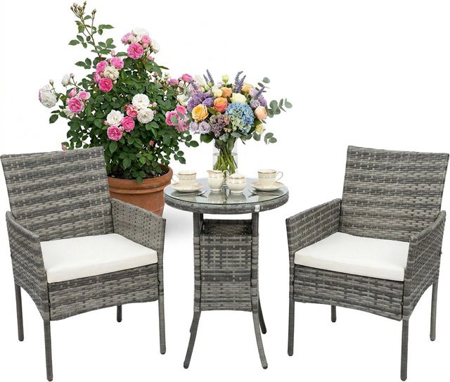 Relaxdays Gartenmöbel Set aus Polyrattan in Grau, 3-teilig für 2 Personen mit Couchtisch, Glasplatte und Sitzkissen - Bild 1